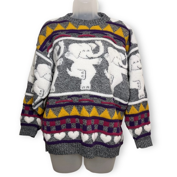 Vintage Sweaters - Vintage 80s Dancing Elephant Sweater Unique Colorful Animal Circus Knit